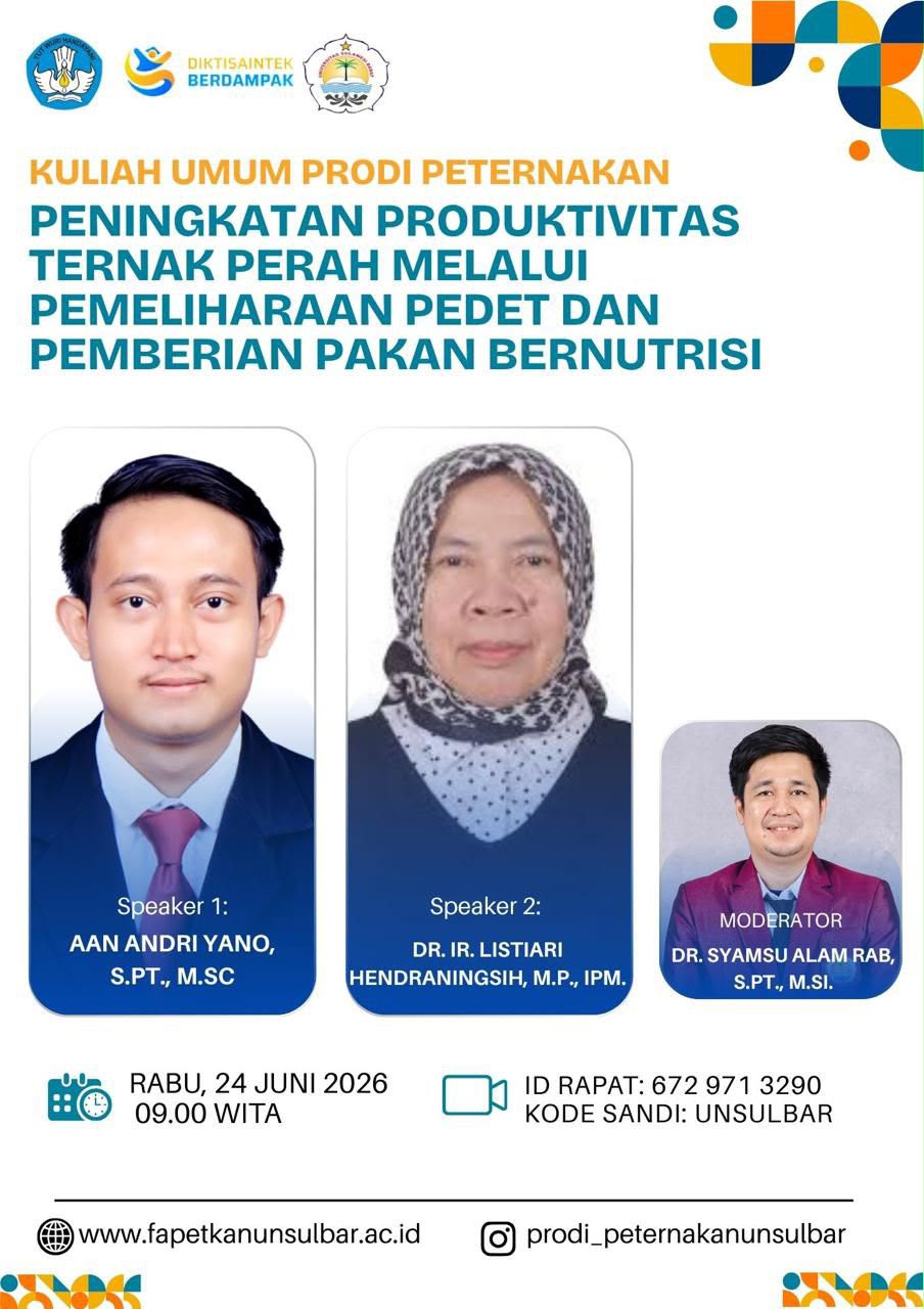 Poster Kuliah Umum Prodi Peternakan Fapetkan Unsulbar bertema peningkatan produktivitas ternak perah.