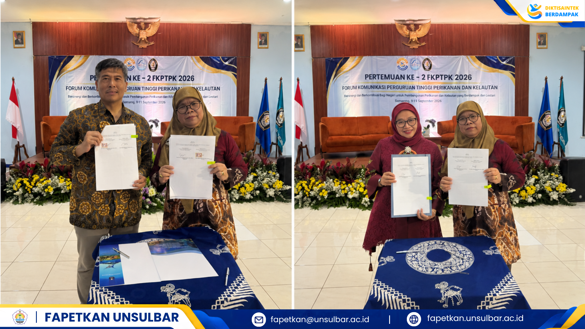 Semarang, 10 September 2026 – Fakultas Peternakan dan Perikanan (Fapetkan) Universitas Sulawesi Barat (Unsulbar) menjalin kerja sama dengan Fakultas Perikanan dan Ilmu Kelautan Universitas Diponegoro (Undip) serta Fakultas Perikanan dan Kelautan Universitas Airlangga (Unair) melalui penandatanganan Perjanjian Kerja Sama (PKS).  Penandatanganan PKS dilakukan oleh Dekan Fapetkan Unsulbar, Prof. Dr. Ir. Sitti Nurani Sirajuddin, S.Pt., M.Si., IPU., ASEAN Eng., bersama Dekan Fakultas Perikanan dan Ilmu Kelautan Undip, Prof. Agus Trianto, S.T., M.Sc., Ph.D., serta Dekan Fakultas Perikanan dan Kelautan Unair, Prof. Dr. Endang Dewi Masithah, Ir., MP.  Kegiatan ini berlangsung di Universitas Diponegoro, Semarang, Jawa Tengah. Kerja sama ini diharapkan dapat memperkuat sinergi antara perguruan tinggi, khususnya dalam pengembangan pendidikan, penelitian, dan pengabdian kepada masyarakat di bidang perikanan.